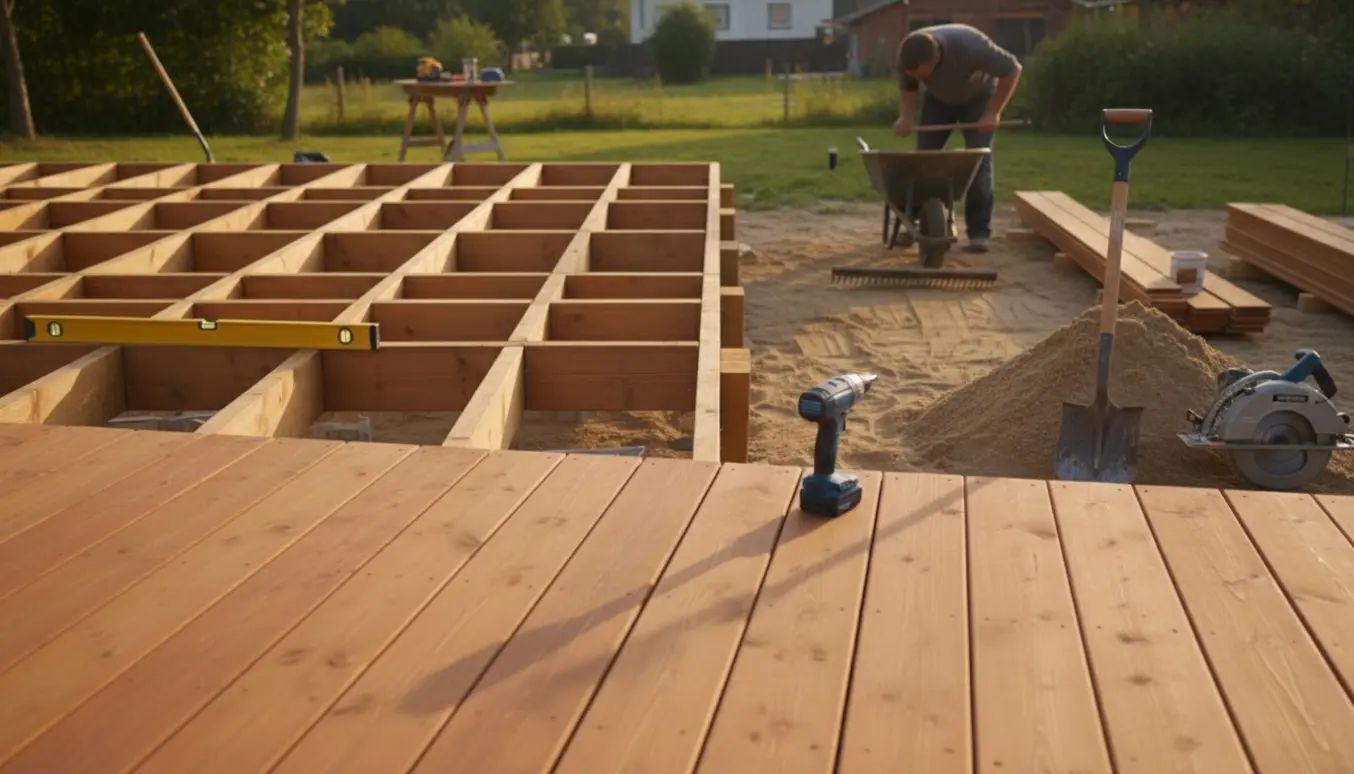 Delvist opbygget træterrasse med sand, der bliver fordelt som stabilt underlag i en solrig have.