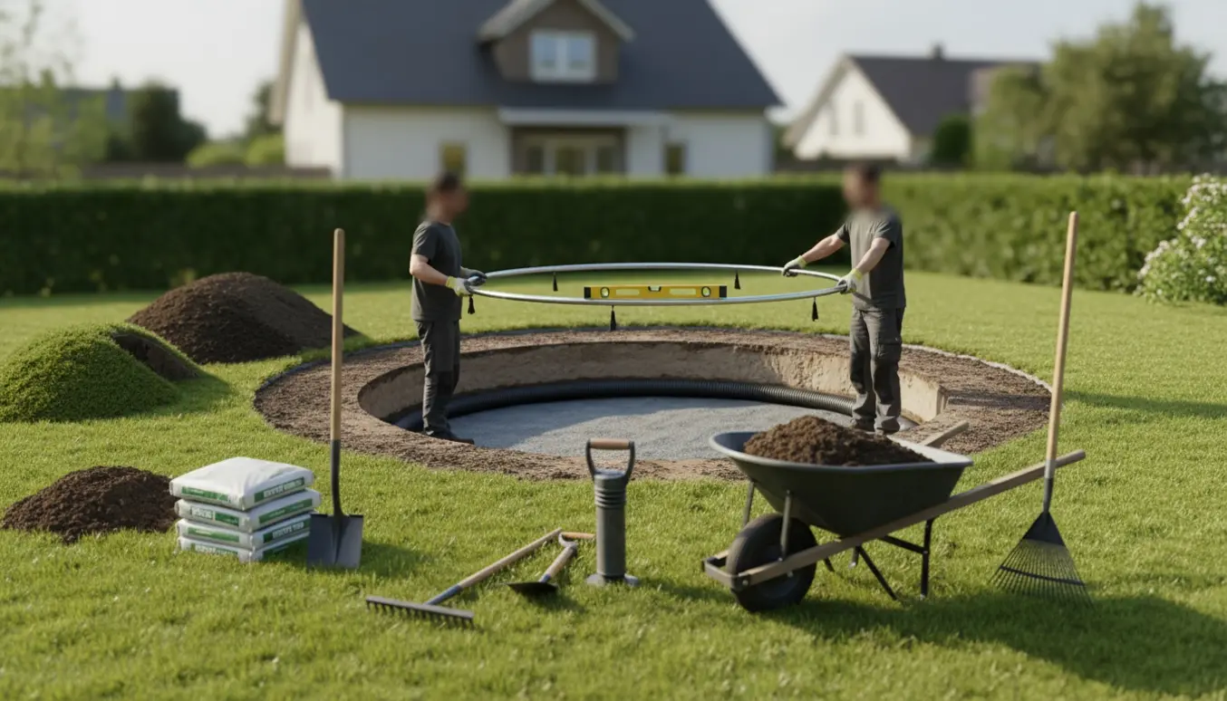 Nærbillede af en cirkulær udgravning i haven til en nedgravet trampolin med værktøj og grus.