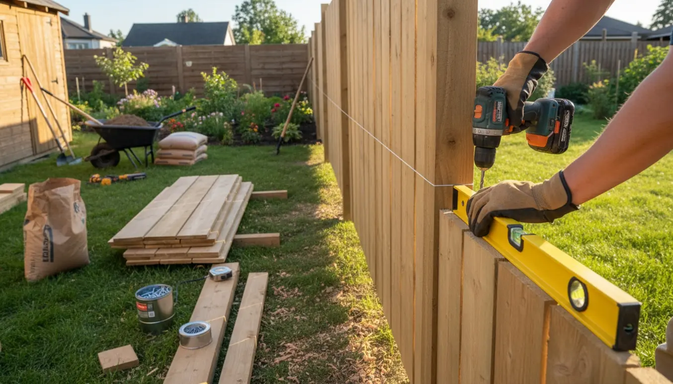 Delvist opsat træhegn i en have med værktøj og hænder, der skruer et bræt fast.