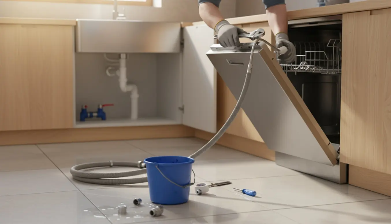 Installer tilslutter en opvaskemaskine i et moderne køkken, vasken ses i baggrunden.