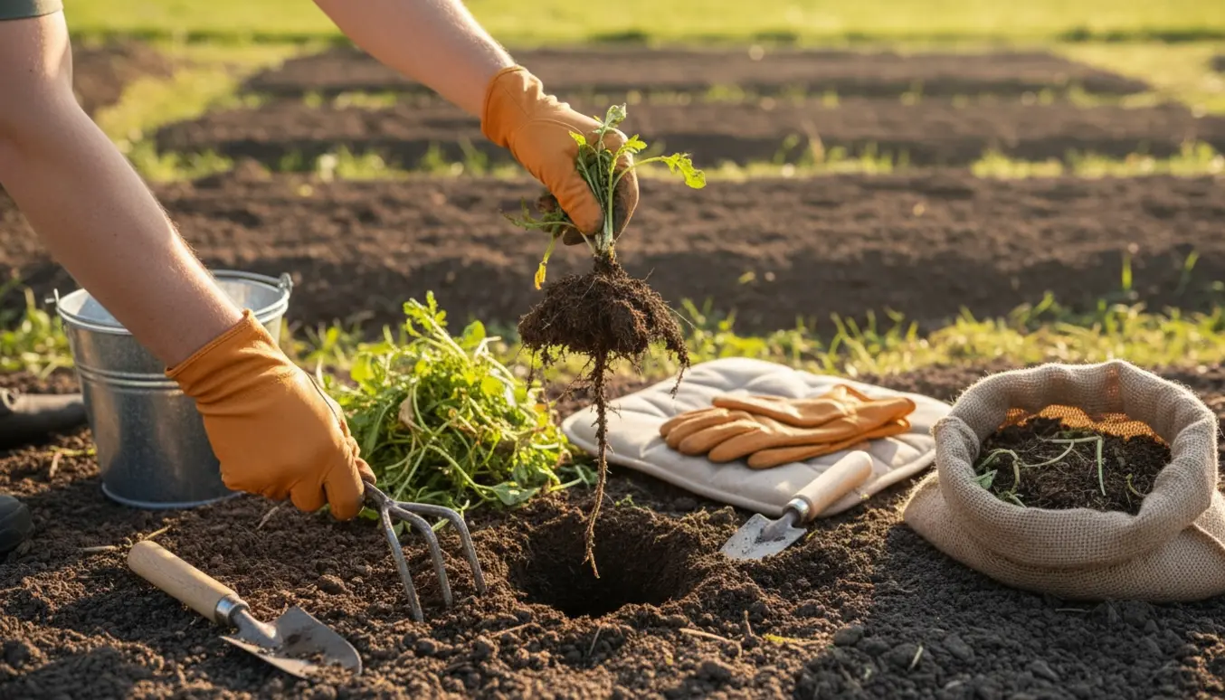 Nærbillede af hænder, der trækker ukrudt ud med rødder fra mørk jord i et havebed.