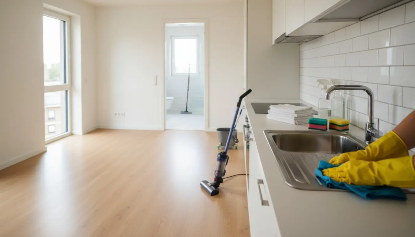 Slutrengøring i lejlighed med gummihandsker, mop og rengøringsudstyr ved stue, køkken og badeværelse.