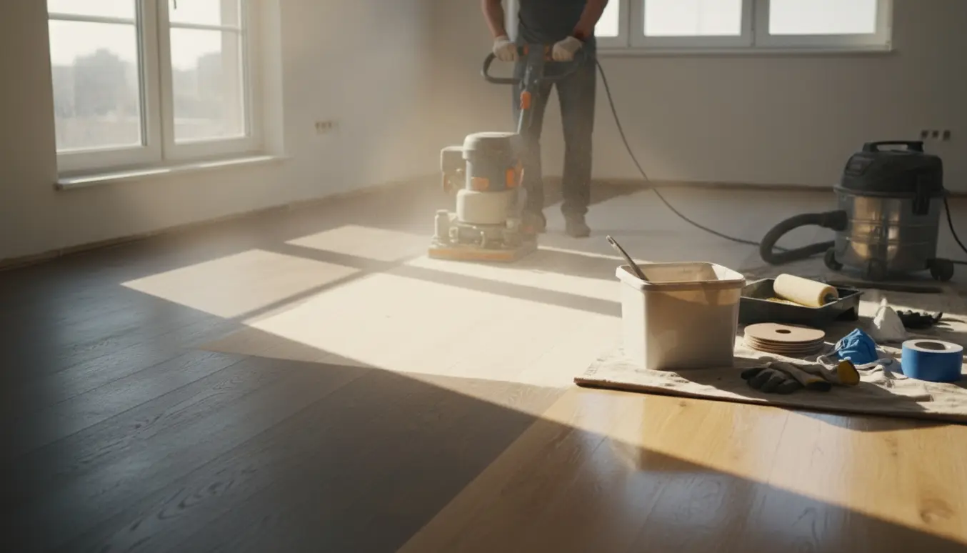 Delvist slebet og lakeret trægulv i lejlighed med slibemaskine, lakdåser og værktøj i naturligt dagslys.