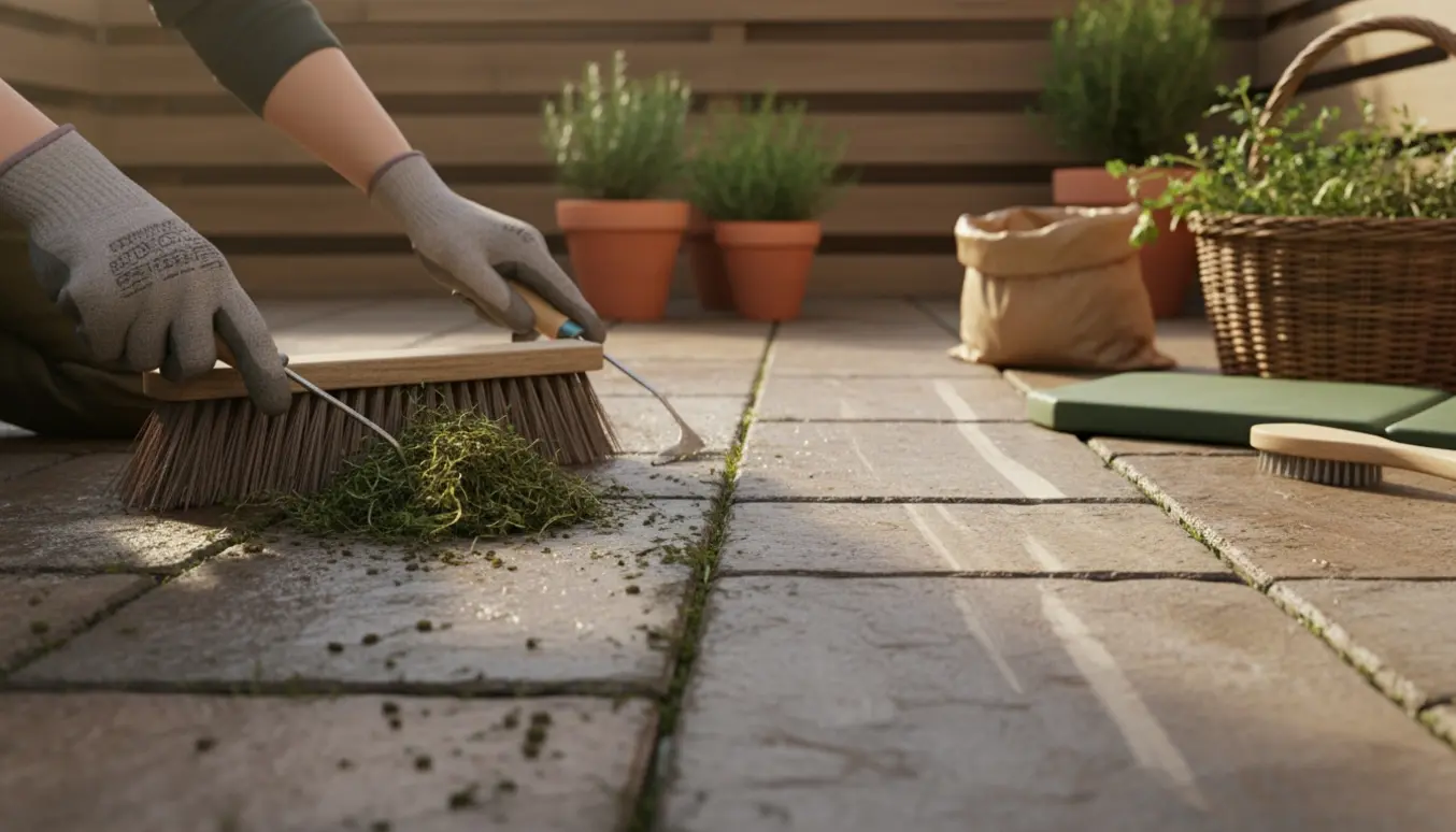 Hænder fjerner mos og ukrudt mellem terrassefliser med kost og skraber, med rene og grønne områder i kontrast.