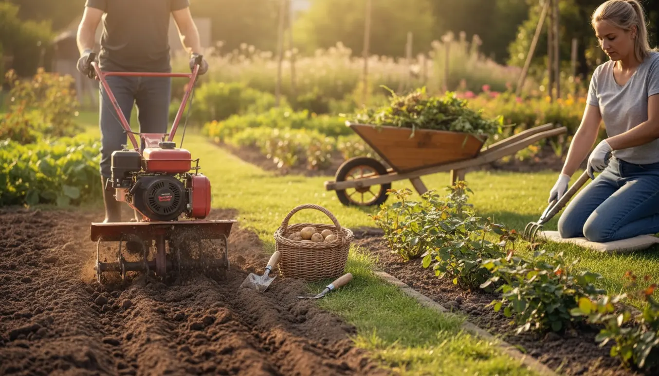 Solbelyst have med en fræser i køkkenbedet, hænder der lægger kartofler og personer der luger rosen- og staudebede uden synlige ansigter.