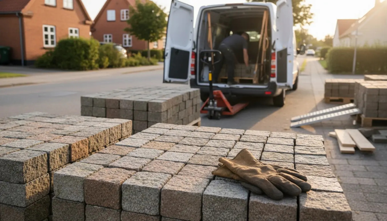 Paller med brosten stablet ved en åben varevogn på en indkørsel, klar til afhentning med håndtruck og arbejdshandsker i billedet.