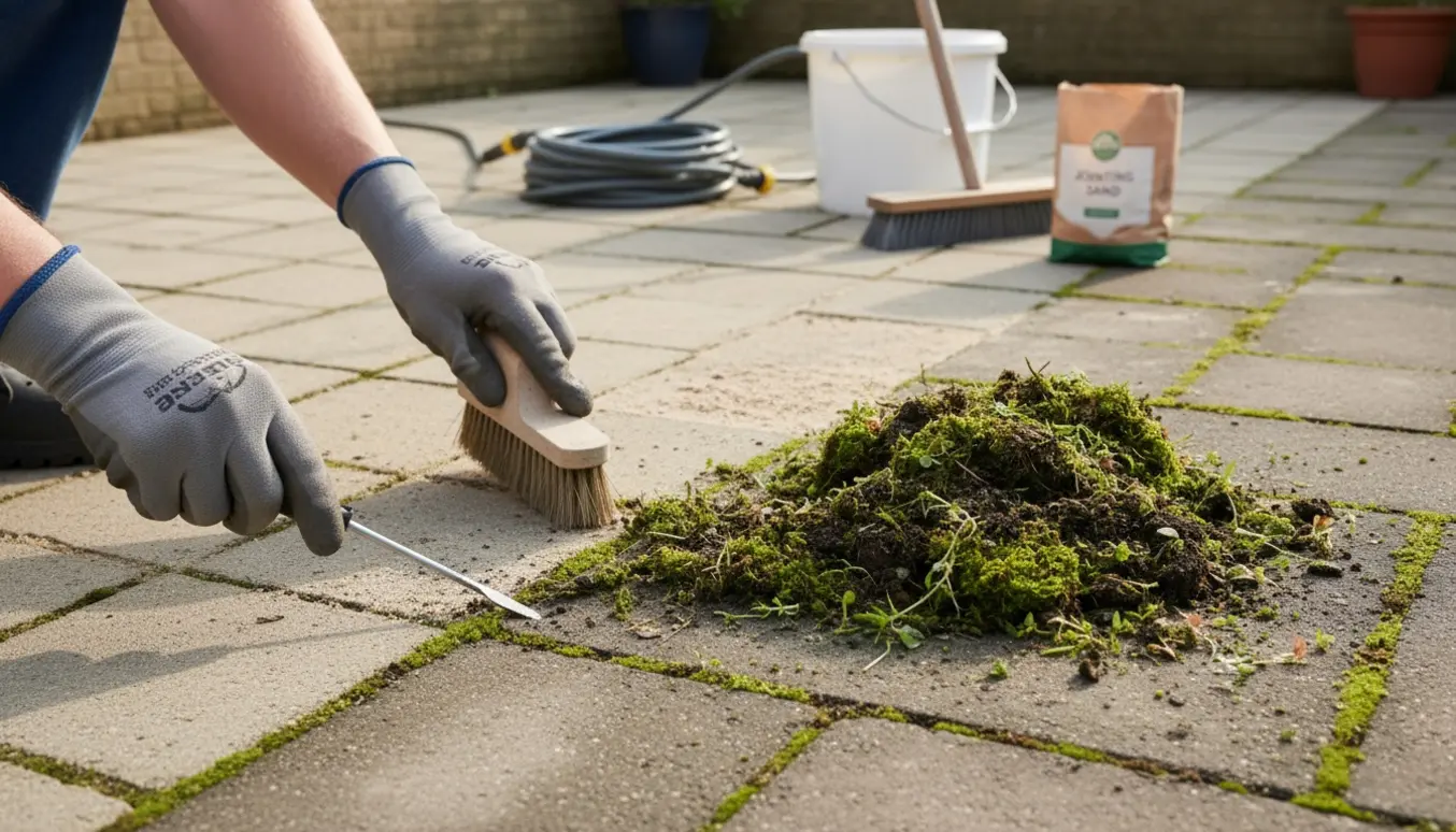 Nærbillede af hænder, der fjerner mos og ukrudt mellem fliser med skraber og børste.