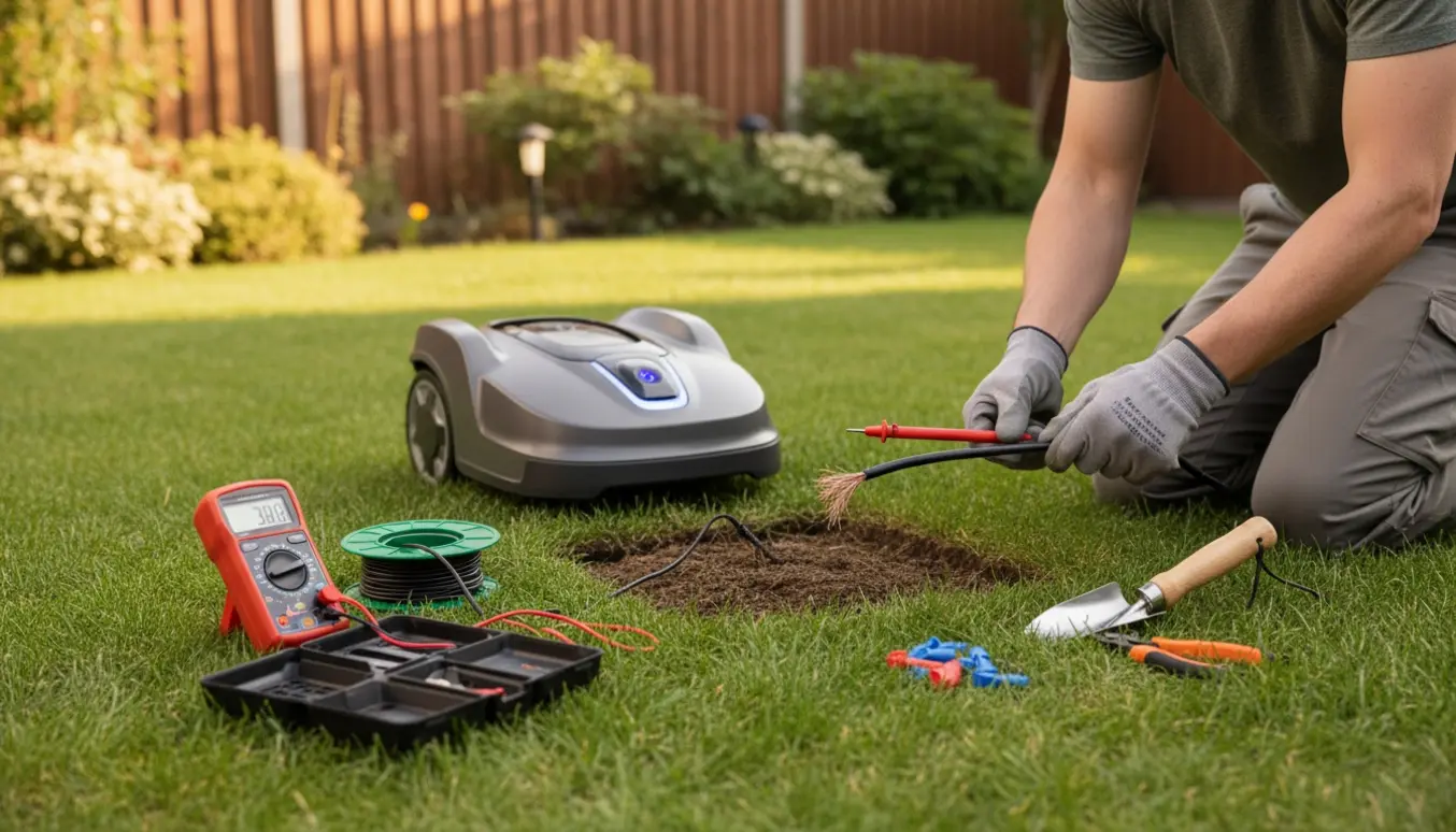 Tekniker inspicerer muligt kabelbrud på robotplæneklipper ved ladebasen med multimeter og værktøj.
