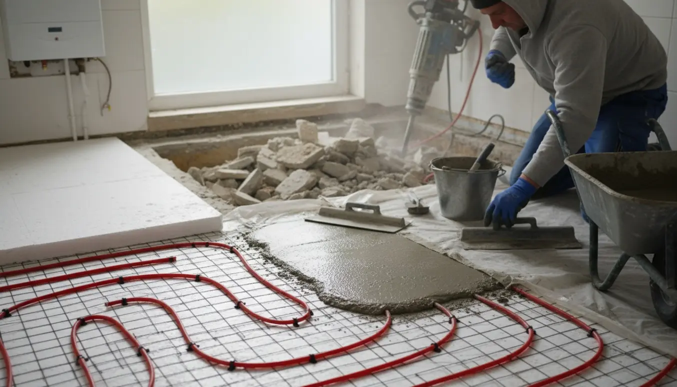 Bryggers i renovering med banket betongulv, klar-til-installation gulvvarmerør og nyt beton under udglatning.