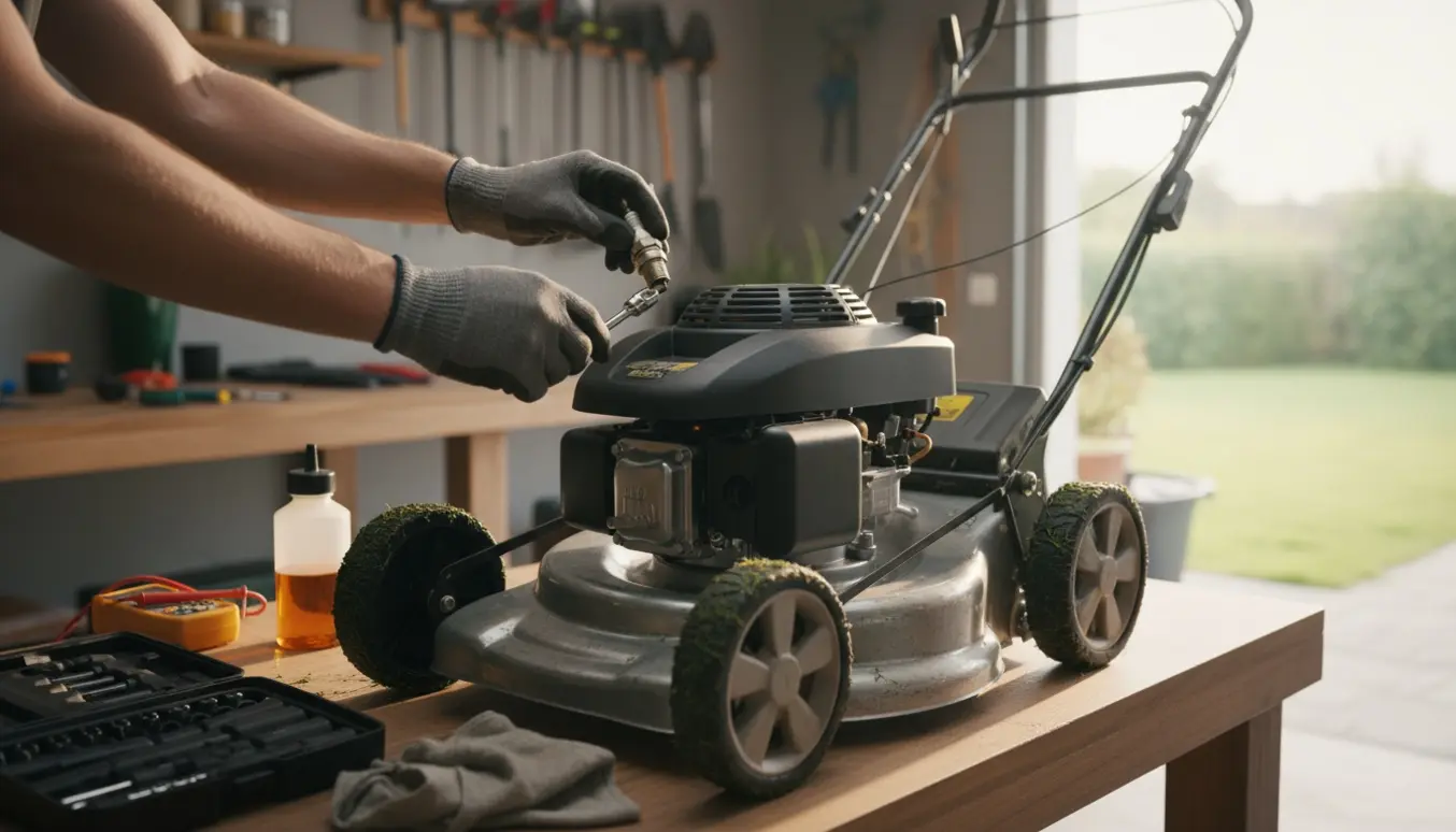 Nærbillede af en plæneklipper med motorhjelmen åben og hænder, der arbejder med tændrør og værktøj i en lys garage.