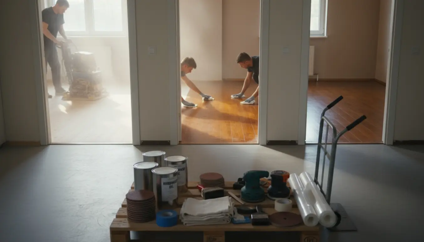 Tre tilstødende lejligheder ved gulvafslibning og oliebehandling med værktøj samlet ved leveringsområdet.