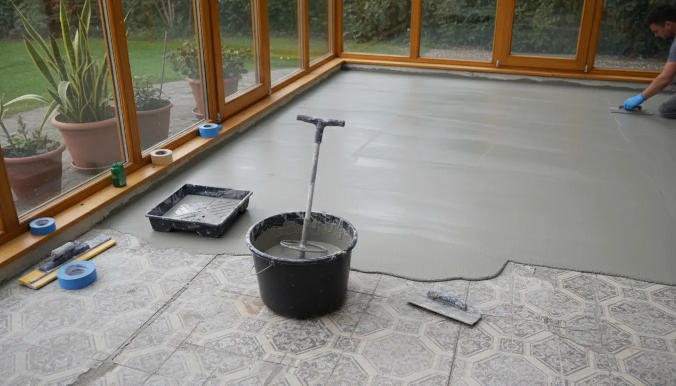 Udestuegulv under forvandling med fliser, værktøj og et nylagt epoxy- eller mikrocementlag.