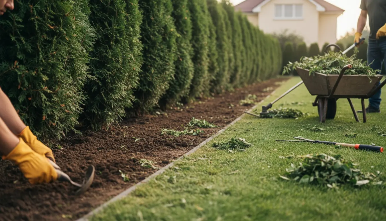 Nærbillede af hækarbejde med ryddede kanter, værktøj og en vogn med afklip ved en lang hæk.