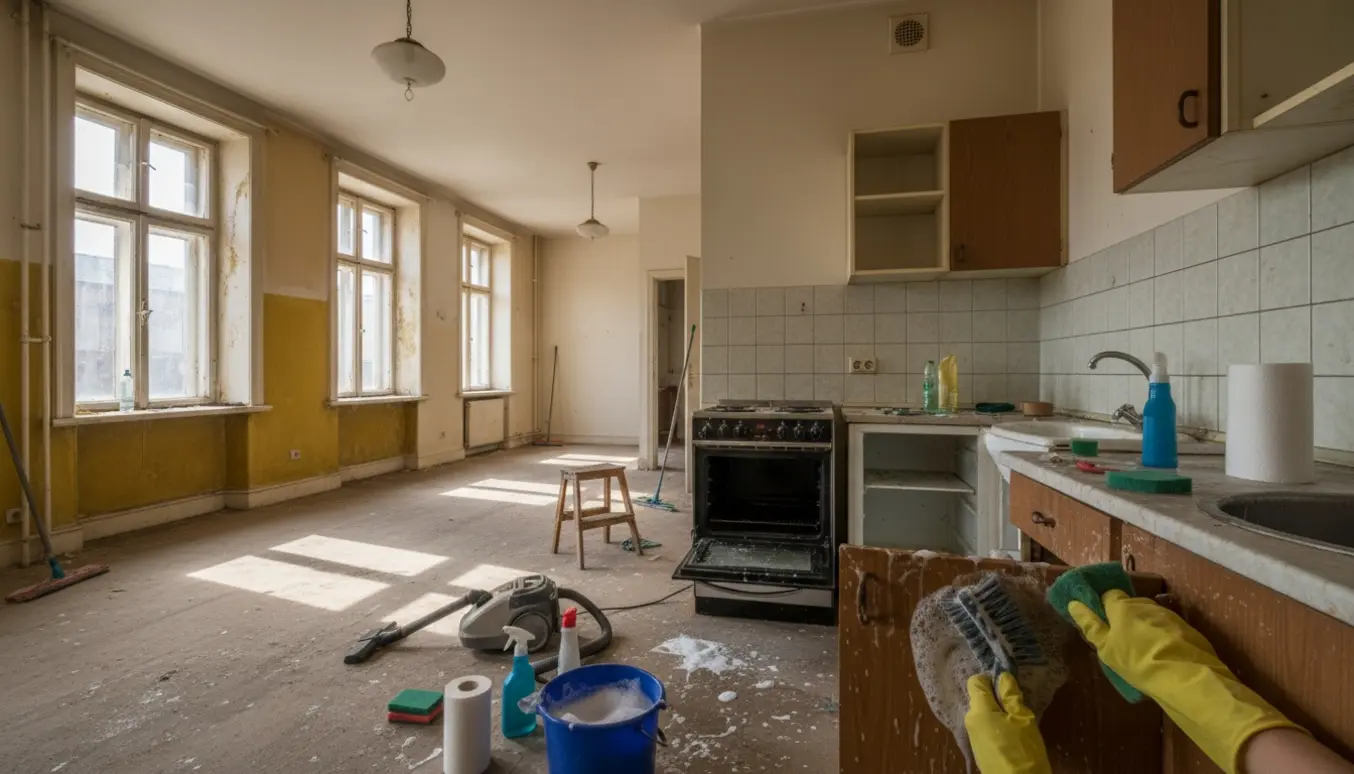 En handskeklædt rengøringsperson skrubber en tom, misligholdt lejlighed med spand, moppe og rengøringsmidler i naturligt dagslys.