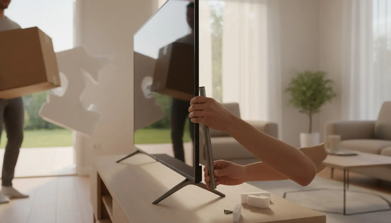Hænder sætter et fladskærmsfjernsyn på ben i en lys stue, mens en papkasse bæres væk.