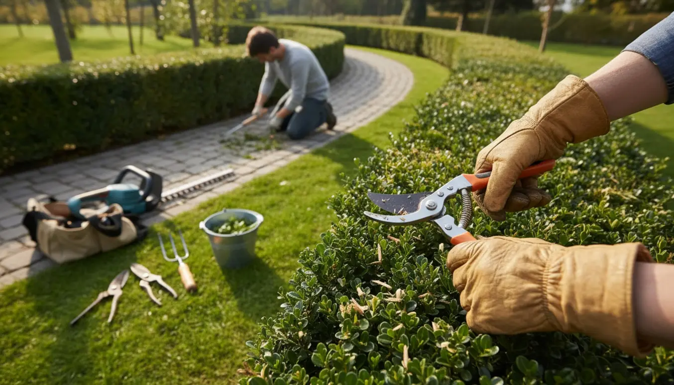 Handskerede hænder beskærer en busk ved en nyklippet hæk, med værktøj og fjernede ukrudtsrødder mellem fliser.