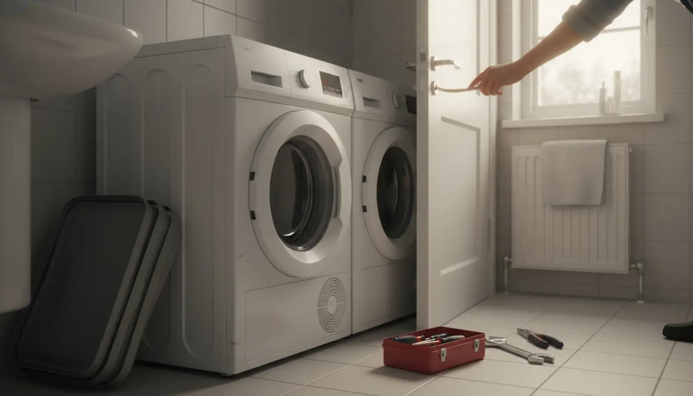 Vaskemaskine og tørretumbler blokerer toiletdør i et lille badeværelse, værktøj ligger på gulvet.