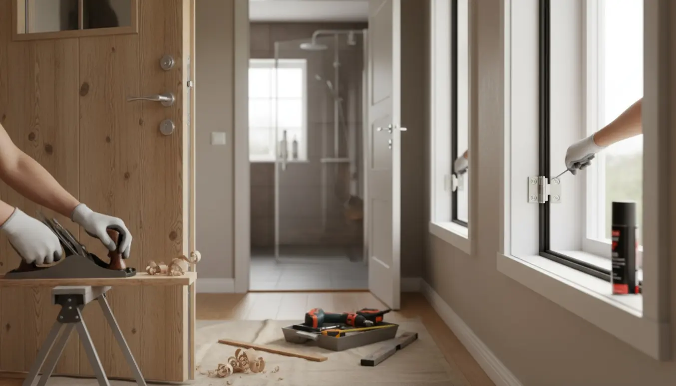 Hænder justerer dør, vindueshængsler og en glasbrusedør i et lyst parcelhus.