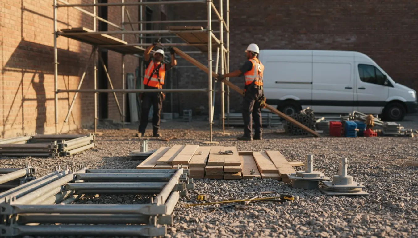 Stilladsmontører samler et stillads ved en bygning med værktøj, planker og sikkerhedsudstyr i fokus.