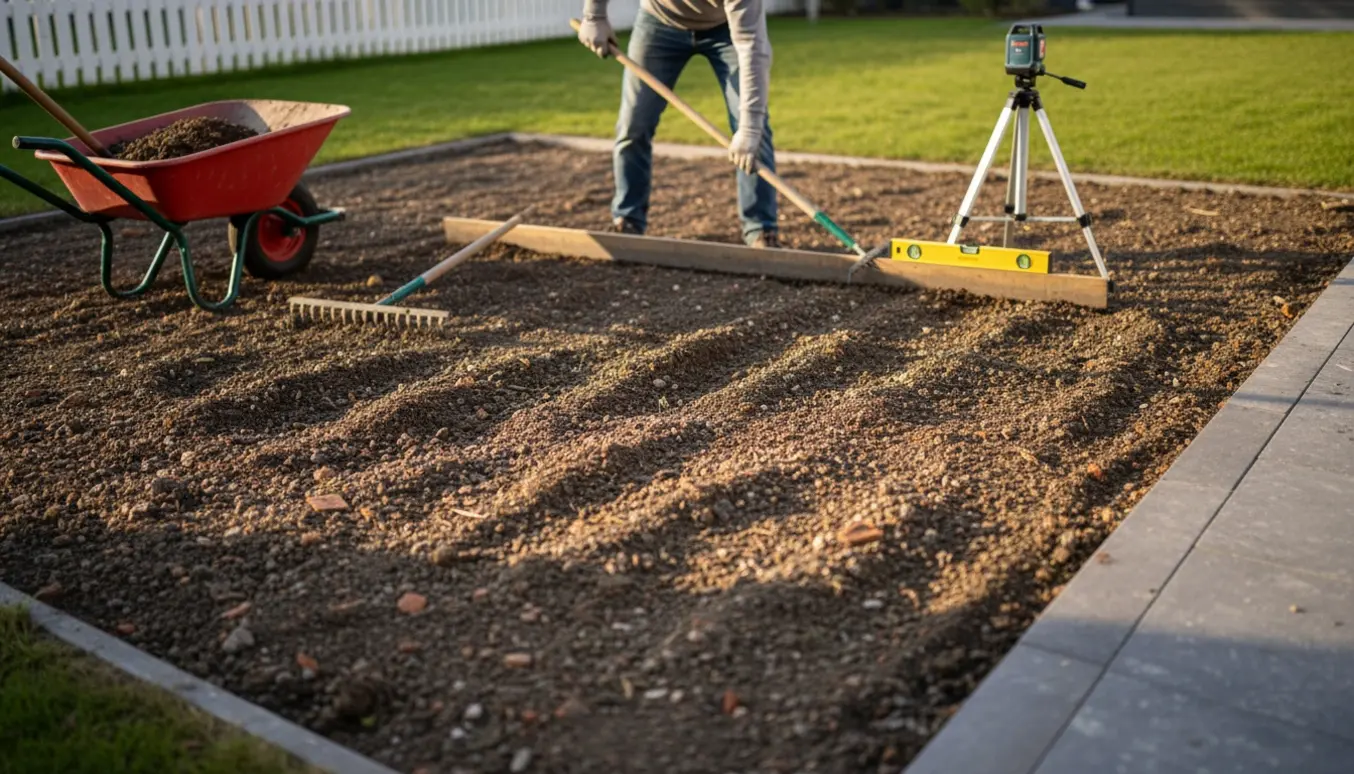 Jord jævnes på et haveareal med rive, skovl, bræt og trillebør ved kanten af belægningssten.