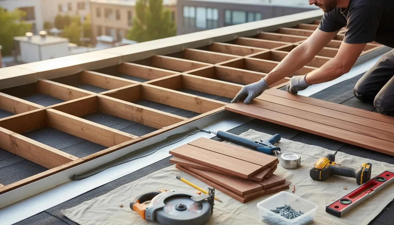 Altan under renovering med nye strøer på tagpap, stabler af brædder, værktøj og en udskiftet alu-inddækning.