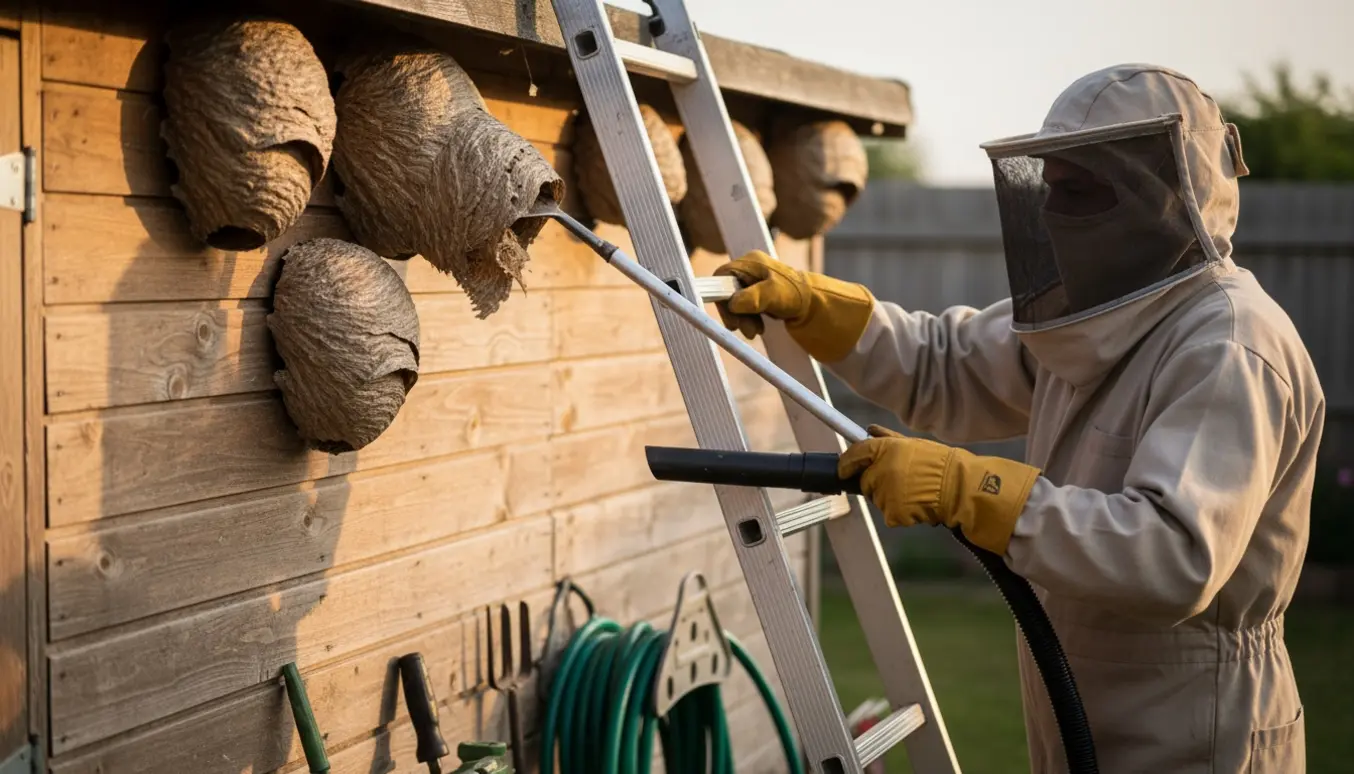 Person fjerner flere hvepsebo under tagrenden på et træskur med stige og sikkerhedsudstyr.