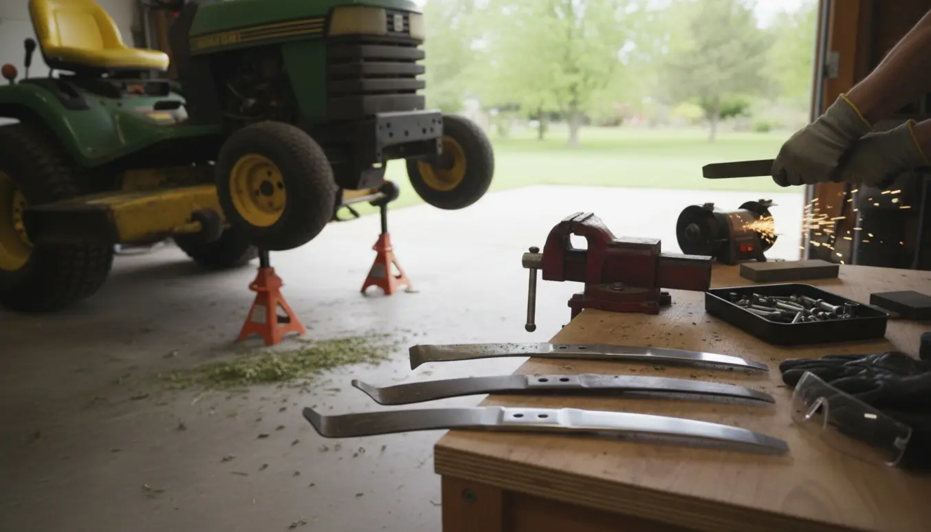Nærbillede af havetraktor på bukke med bøjet og nye knive samt slibeværktøj på en garagebænk.