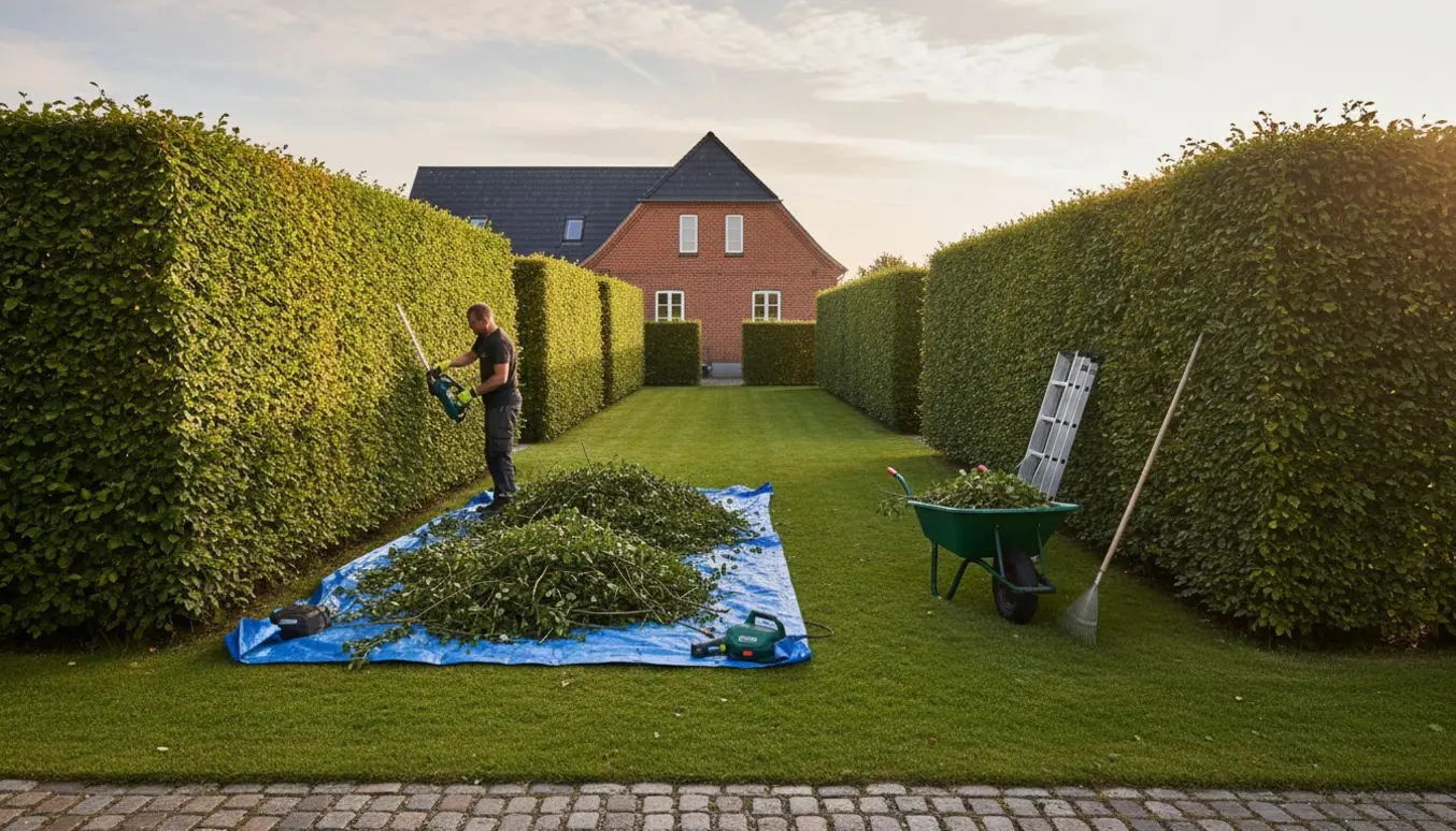 Gartner klipper to lange bøgehække i en velholdt have i Aalborg med afklip i en trillebør.