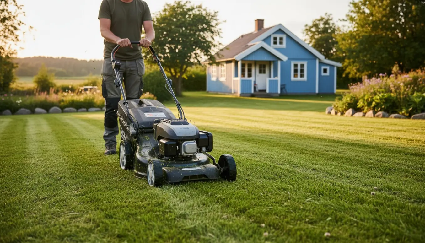 Plæneklipper foran et sommerhus, der skaber friske striber i græsset i gyldent eftermiddagslys.