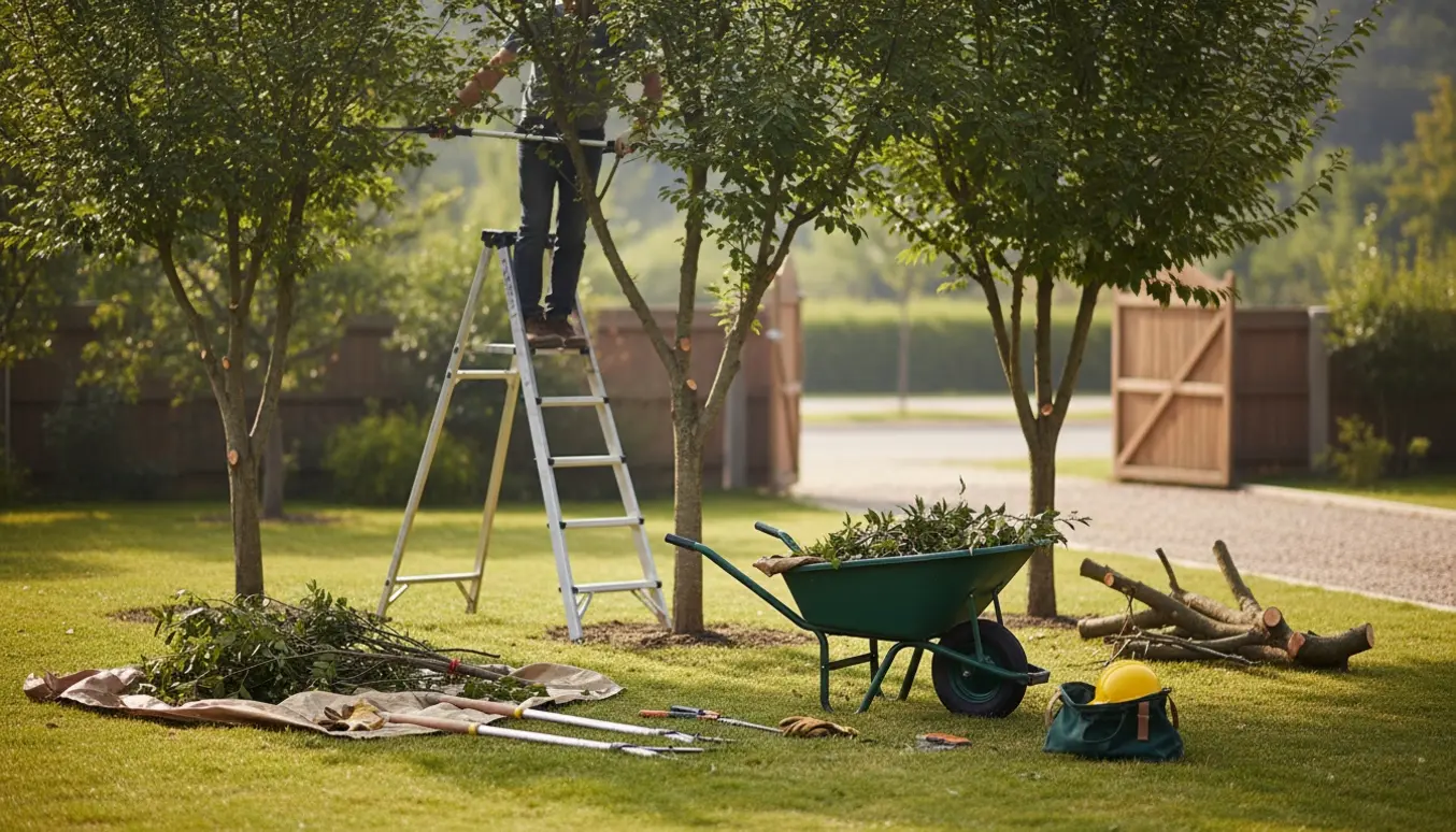 Person på stige beskærer toppen af tre små træer med værktøj og trillebør til grenaffald.