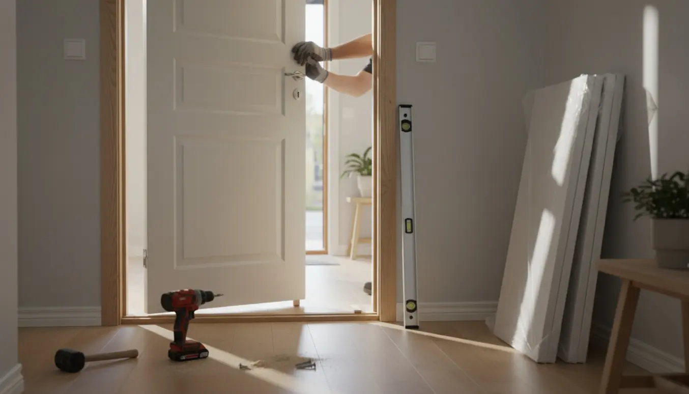 Håndværker uden synligt ansigt monterer en hvid indvendig dør i et lyst rækkehus med værktøj og flere døre i baggrunden.