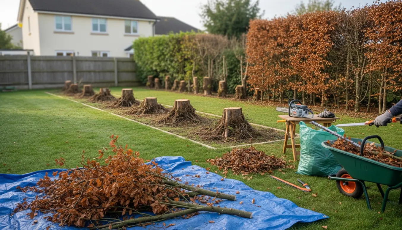 Tre hække, herunder en bøgehæk, fjernes i en have med opsamlede grene og haveværktøj.