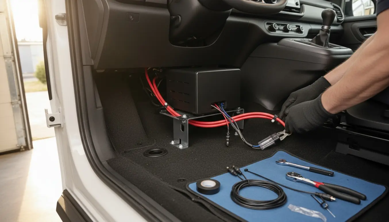 Aktiv subwoofer monteret under førersædet i en lille varevogn med strøm-, jord- og remote-ledninger forbundet.