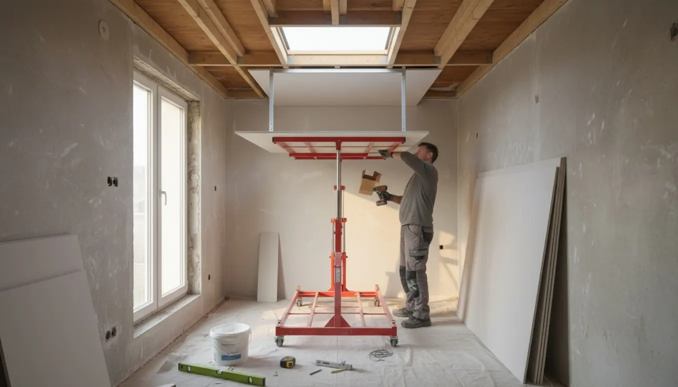 Renoveret lille rum med loftslem under montering og en gipsplade løftet op mod det nye gipsloft.