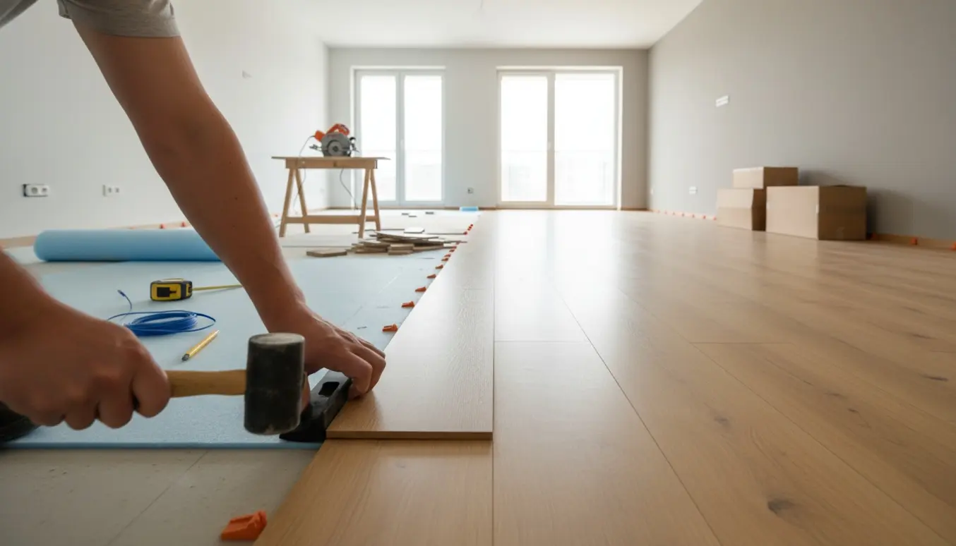 Lægning af laminatgulv i en lys lejlighed med hænder, der klikker en plank på plads og værktøj i baggrunden.