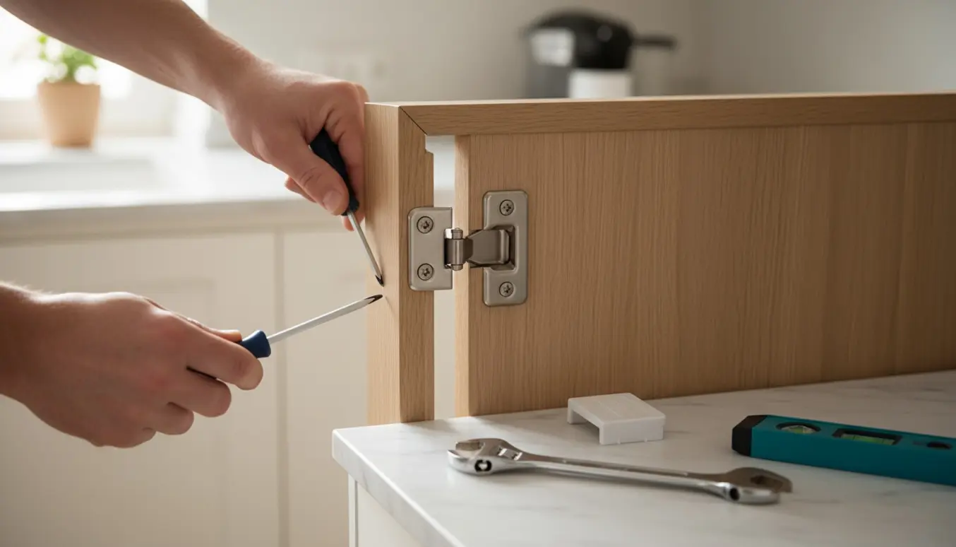 Hænder justerer skæv køleskabslåge på et indbygget Ikea-lignende køkkenskab med skruetrækker og vaterpas.