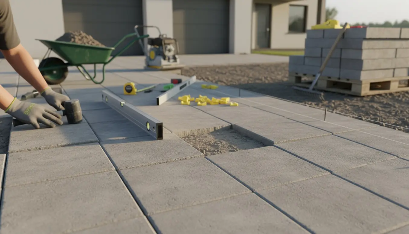 Indkørsel under belægning med store 60x60 fliser, værktøj og hænder der placerer en flise.