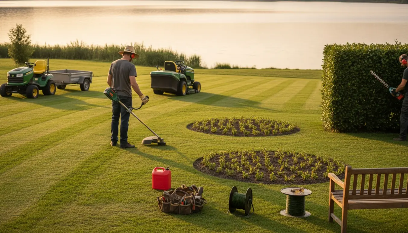 Plænetraktor og trimmer ved arbejde på en jævn græsplæne med hækklipning og skråning ned mod en sø.