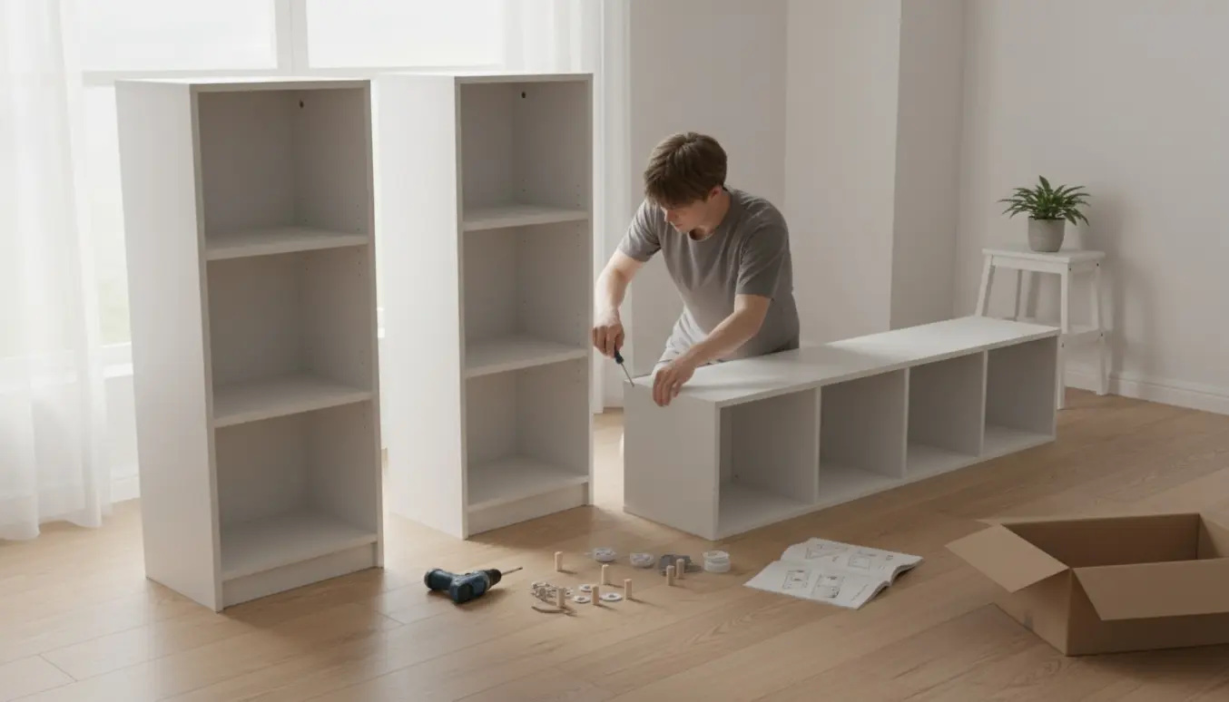 To hvide 5-hylde reoler under samling i et lyst, skandinavisk rum med værktøj.