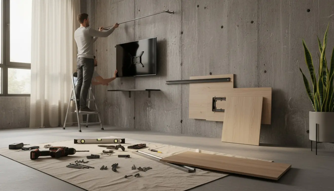 Montering af gardinstænger, væghængte møbler og et tv på en betonvæg i et moderne hjem.