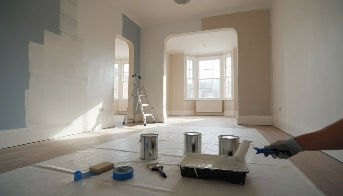 Tom, solbelyst rækkehusstue med vægge spartlet og ved at blive malet hvide, malerværktøj på afdækningsstof.