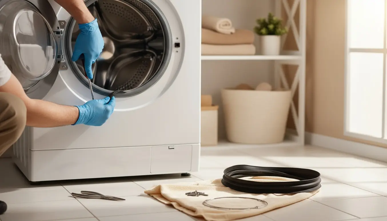 Hænder udskifter gummibælg på en frontbetjent vaskemaskine i et lyst vaskerum.