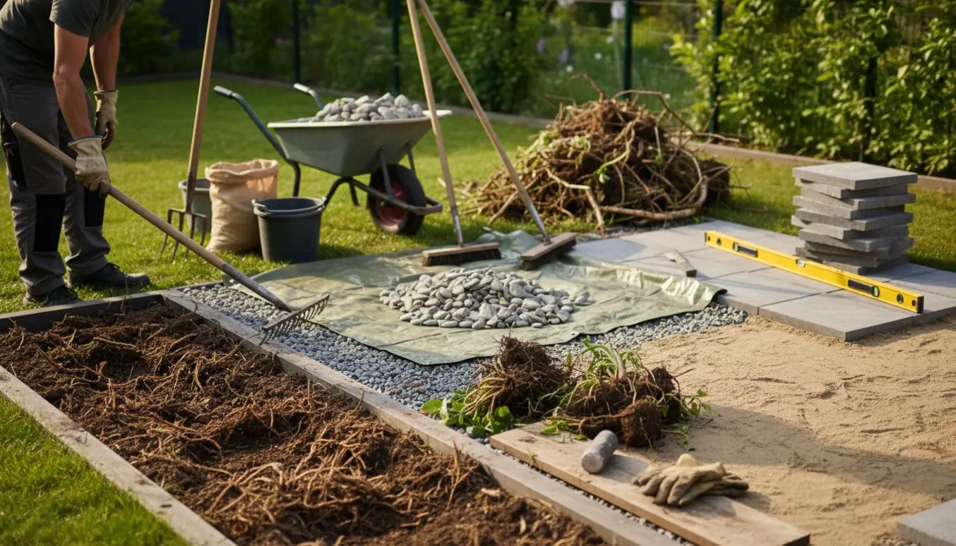 Arbejdsscene med et gammelt bed, sorteret småsten, trillebør og stabel fliser klar til udlægning.