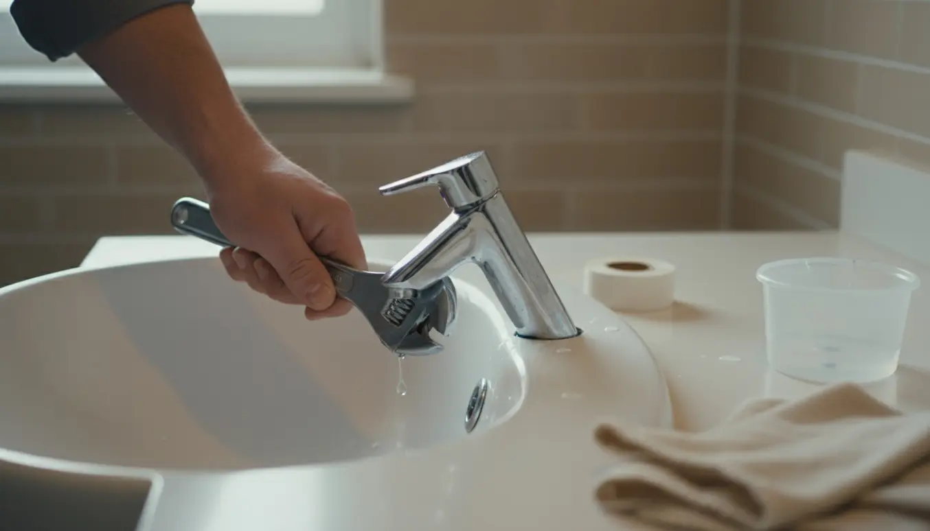 Løs kromvandhane over badeværelsesvask drypper, med en skruenøgle og en klud klar til reparation.