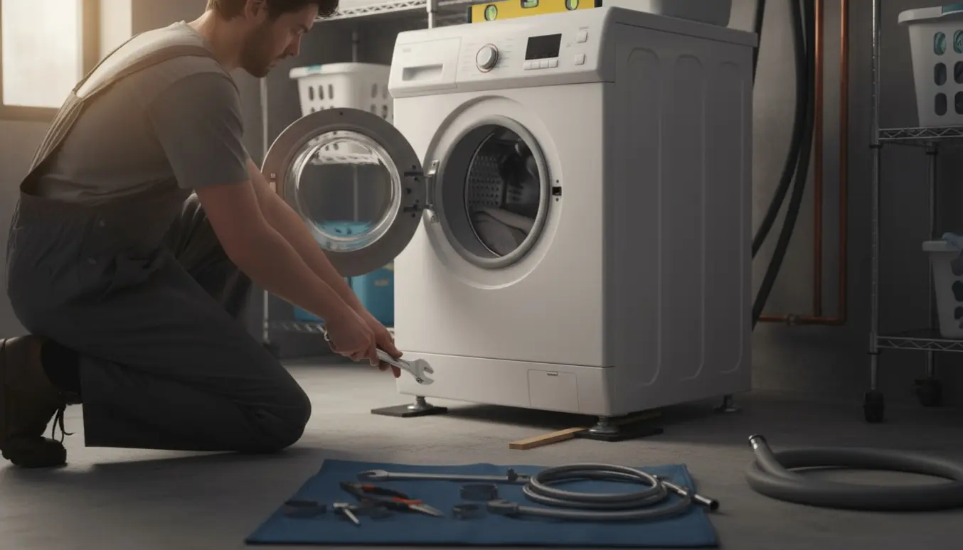 En vaskemaskine stabiliseres på ujævnt betongulv med værktøj, gummipuder og en vaterpas.