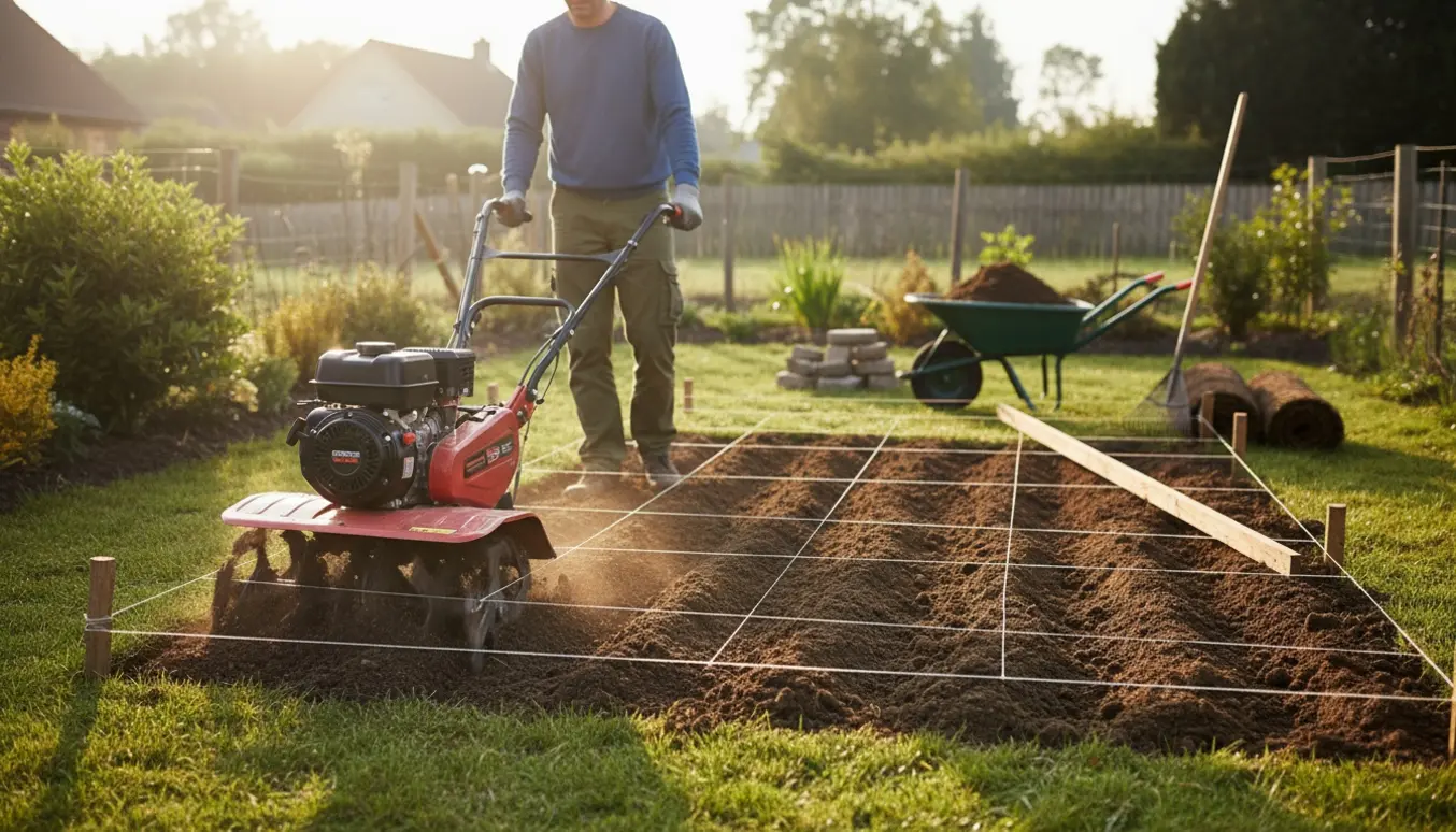 En person fræser og planerer en rektangulær havelod med fræser, rive og trillebør i blødt morgenlys.