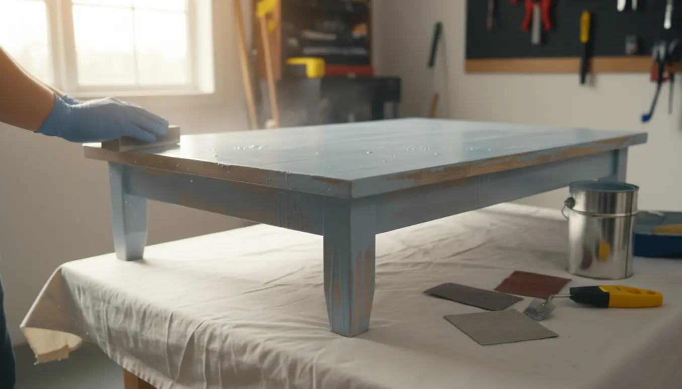 Nytmalet bord med synlige penselstrøg og malerudstyr klar til slibning.