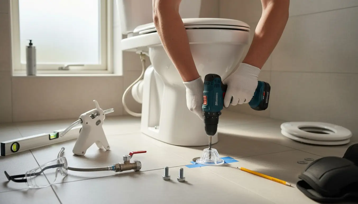 Gulvstående toilet i nyt flisebadeværelse under montering med bor, Ballofix-ventil og fugepistol klar.