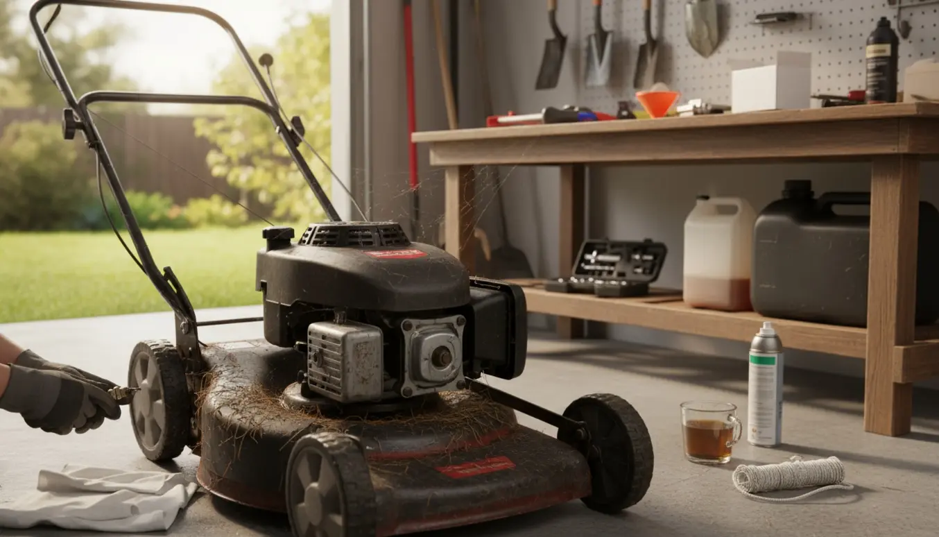 Plæneklipper med åben motor og tændrør i hånden, omgivet af værktøj og brændstof, klar til eftersyn.