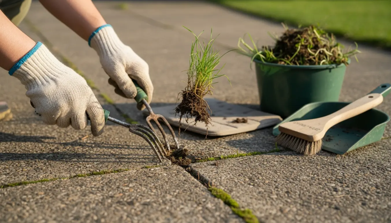 Nærbillede af hænder, der trækker ukrudt med håndredskaber ud af sprækker i en indkørsel.